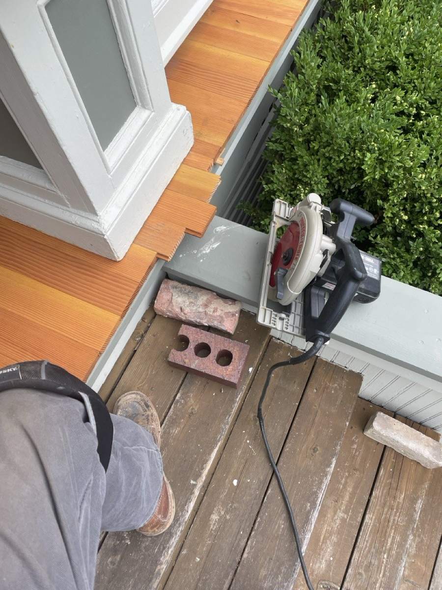 A circular saw at the outer edge of the new floor