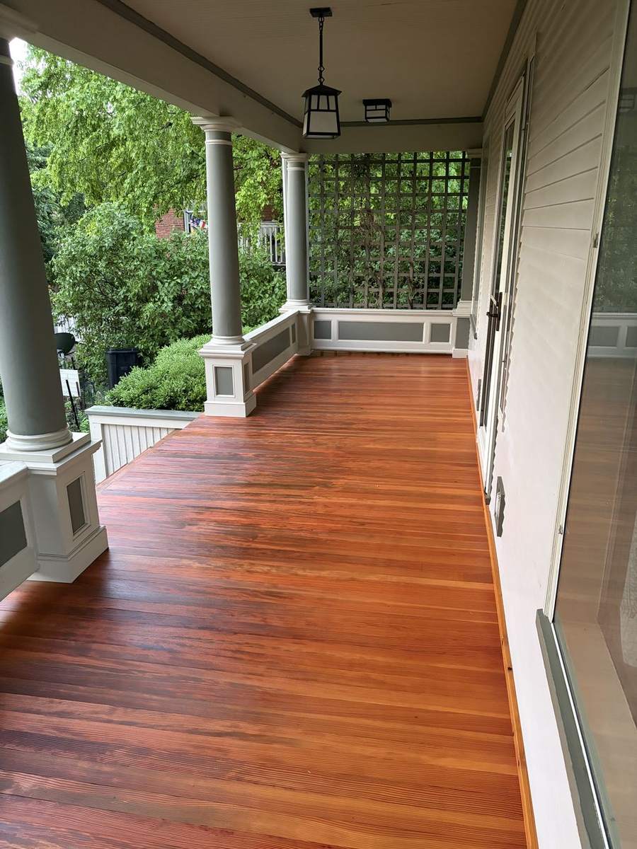 The finished porch floor looking toward the lattice